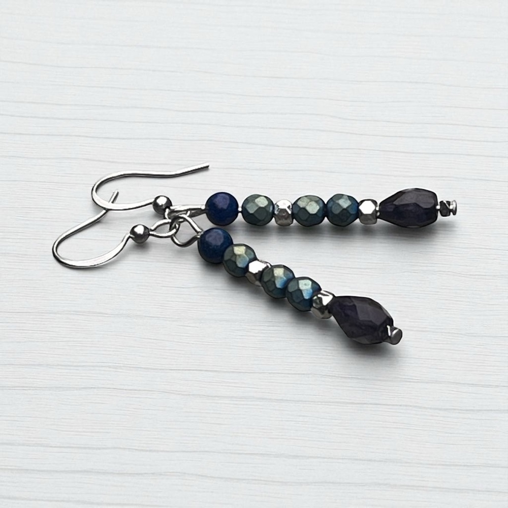 Handcrafted hematite, iolite & lapis Beaded Earrings - Picture 6 of 11